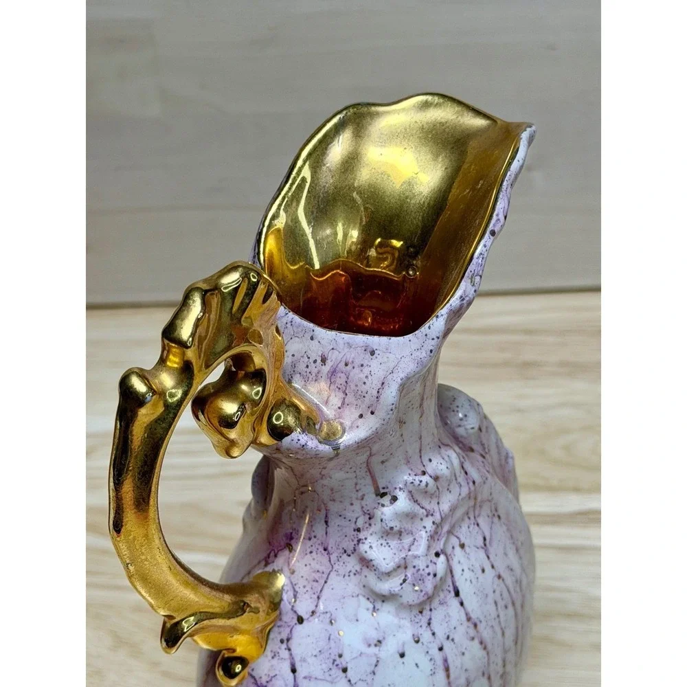 VTG Pink Gold Gilt Ceramic Ewer Pitcher Vase Hollywood Regency Drip Glaze signed